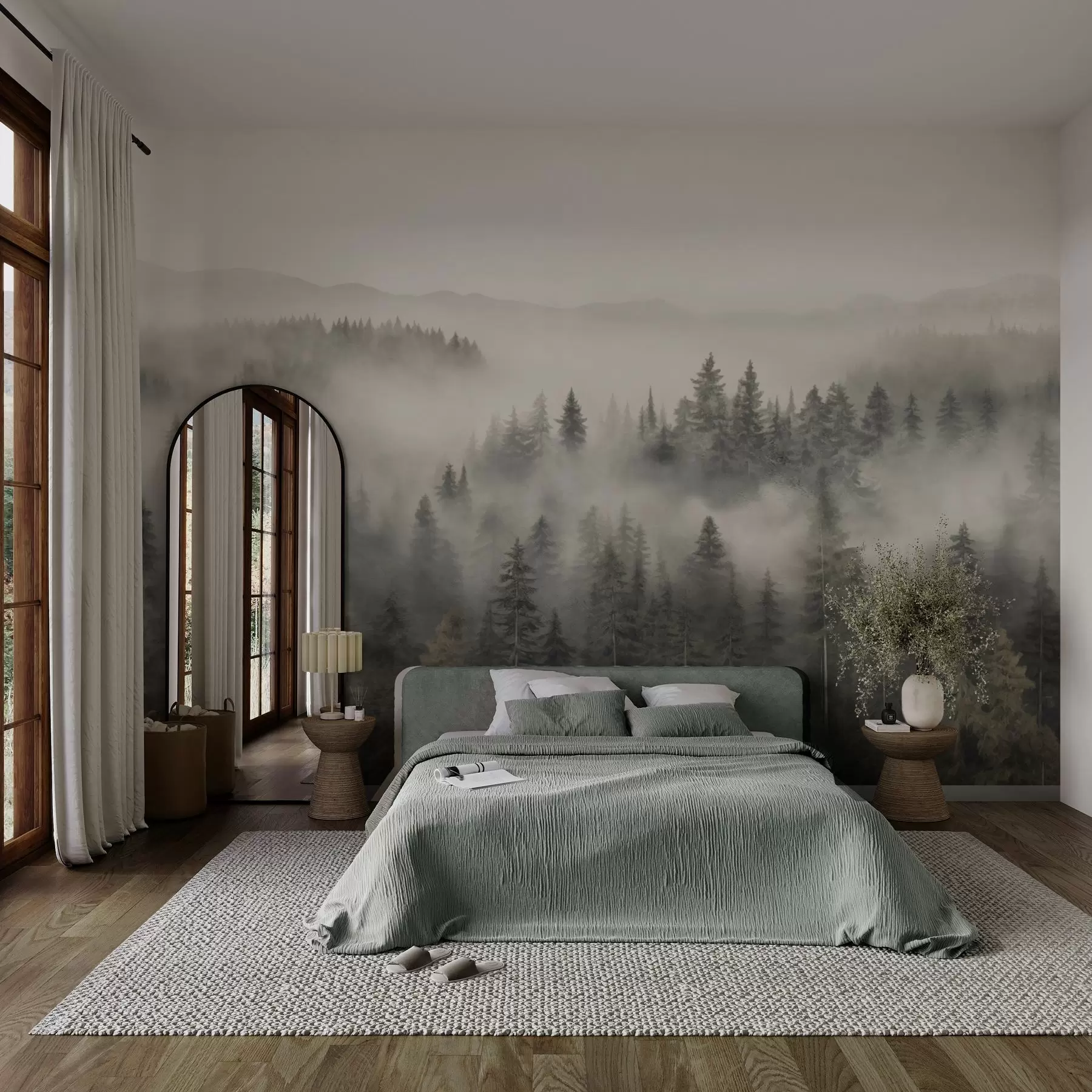 Papier peint Forêt de conifères brumeuse w03524