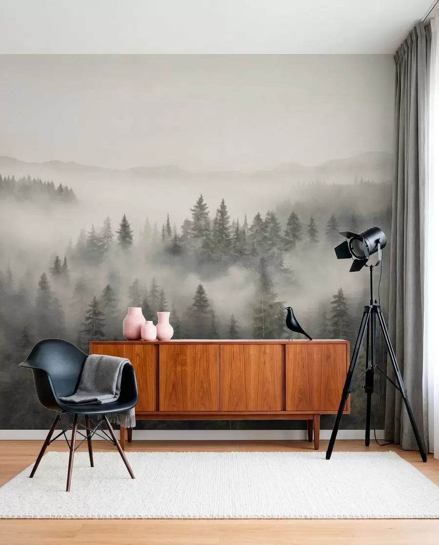 Papier peint Forêt de conifères brumeuse w03524