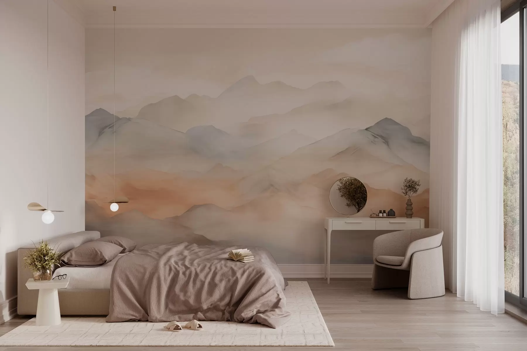 Papier peint Montagnes brumeuses aux couleurs douces w03535
