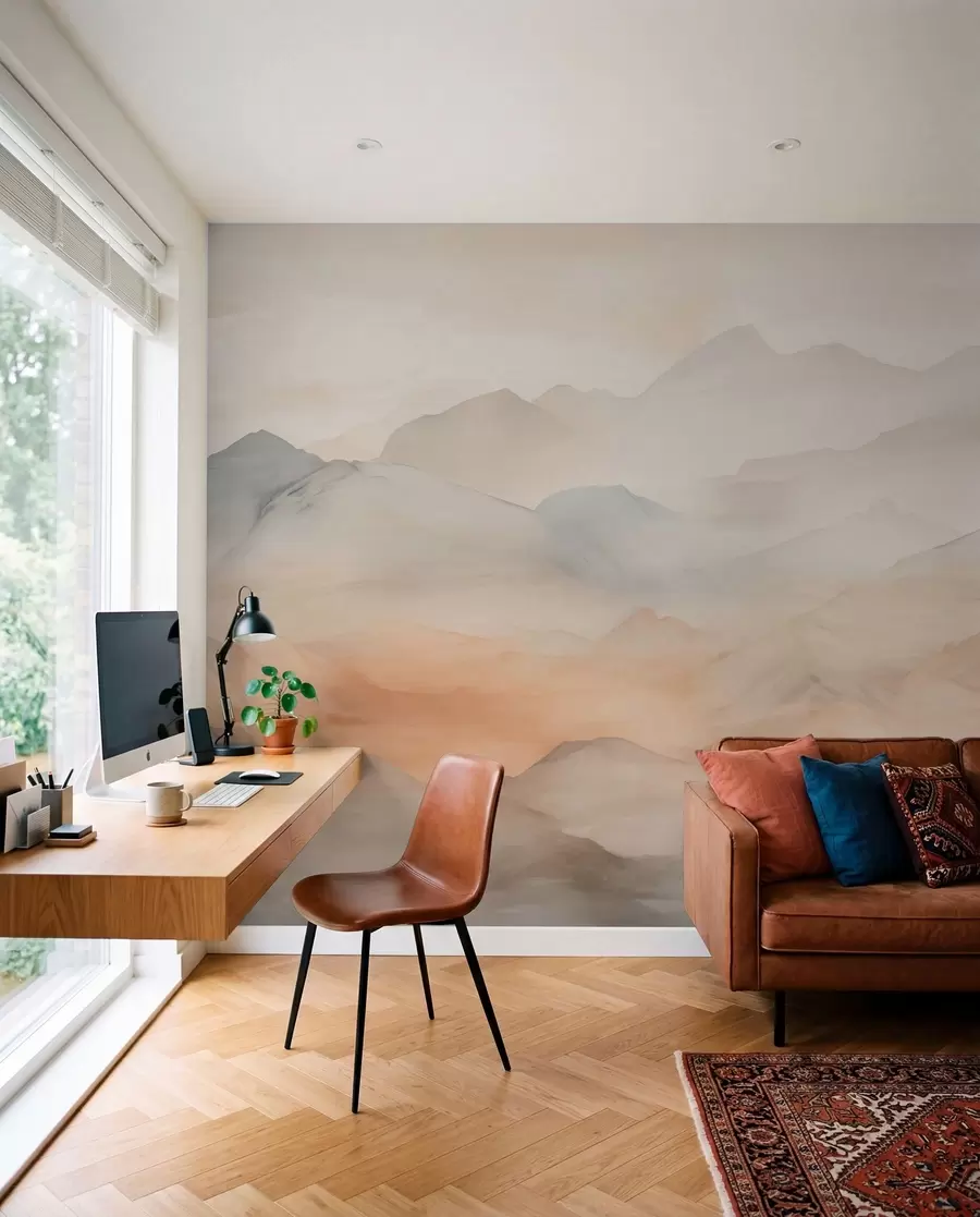 Papier peint Montagnes brumeuses aux couleurs douces w03535