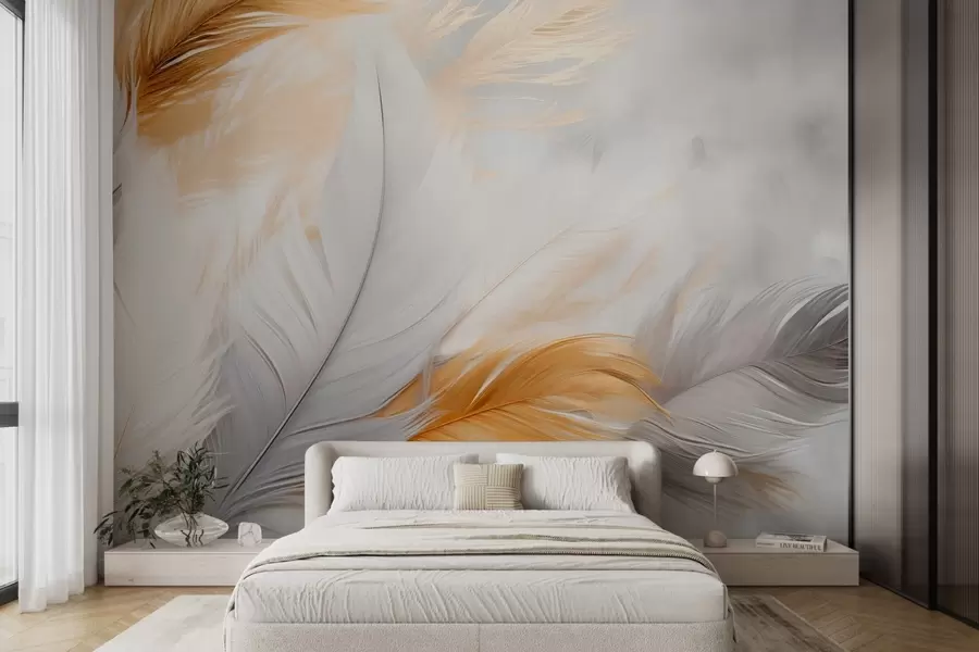 Papier peint Plumes grises et jaunes sur fond gris w08937