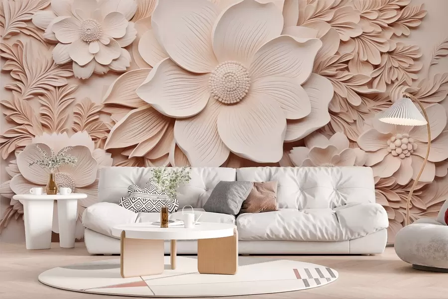 Papier peint Fleurs et feuilles beiges avec effet de relief w08933