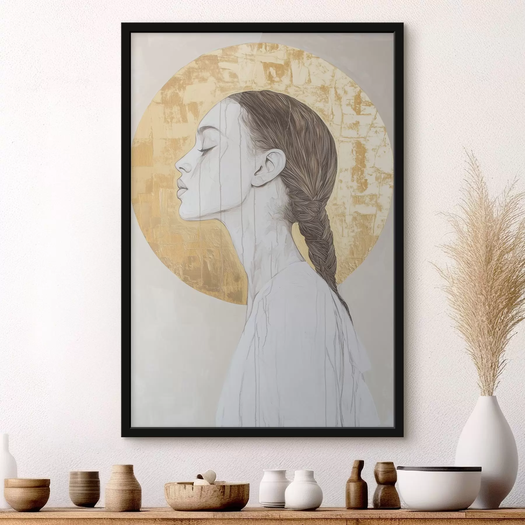 Tableau Portrait de femme, minimalisme, style acrylique, couleurs beiges f43504
