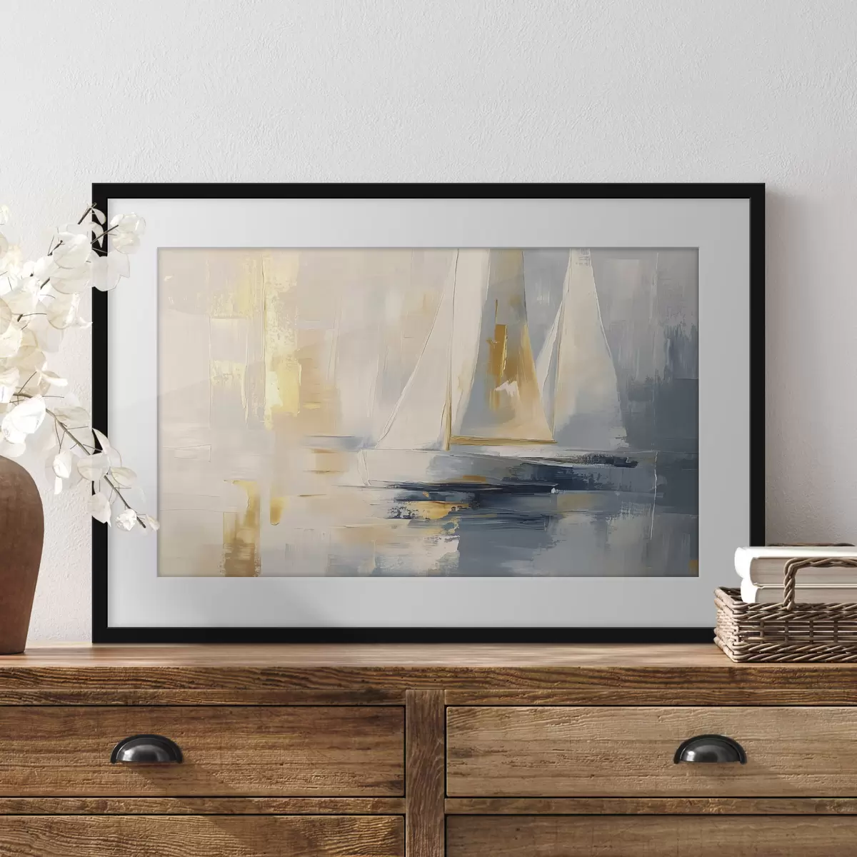 Poster Abstraction avec les voiliers dans la mer, style acrylique, coucher de soleil f43500