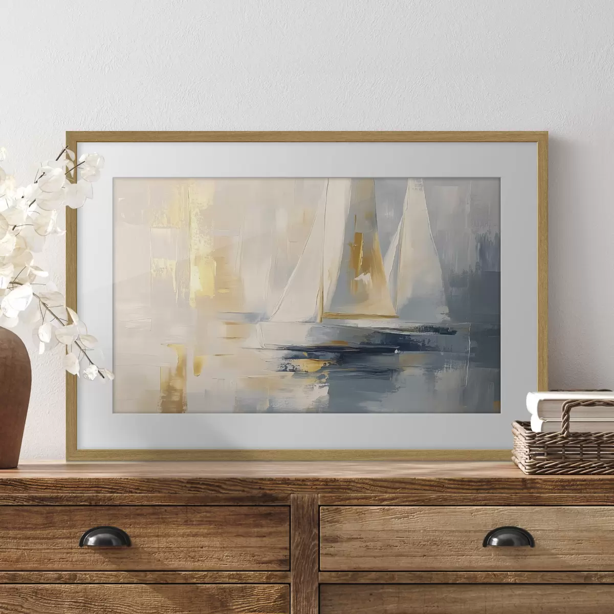 Poster Abstraction avec les voiliers dans la mer, style acrylique, coucher de soleil f43500