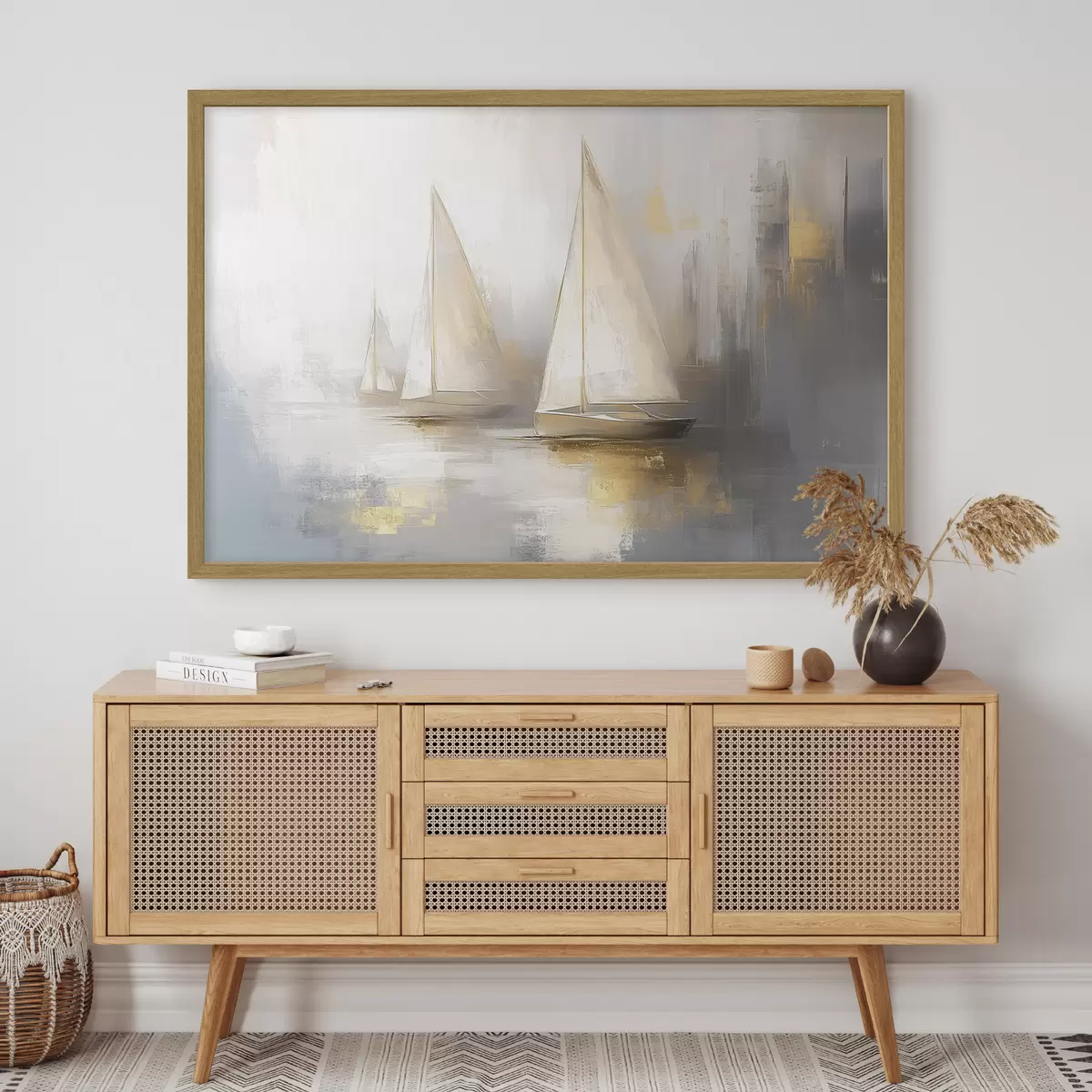 Poster Bateaux sur la mer, abstraction, style huile, couleurs beiges f43505