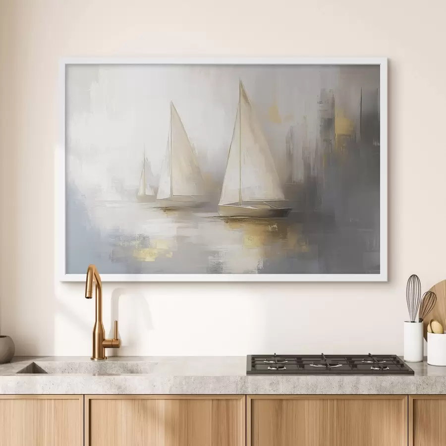 Papier peint Bateaux sur la mer, abstraction, style huile, couleurs beiges f43505