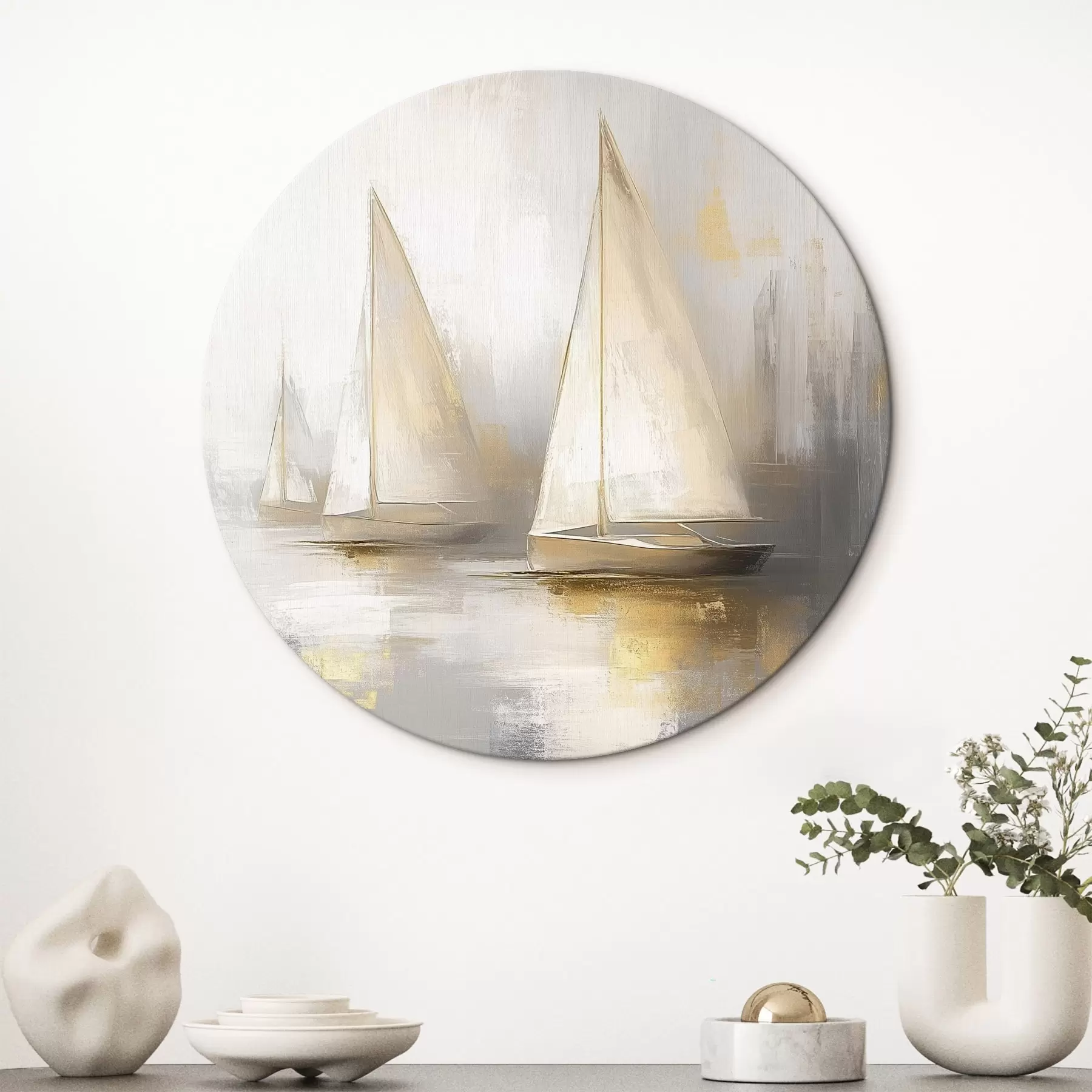 Tableau Bateaux sur la mer, abstraction, style huile, couleurs beiges r43505
