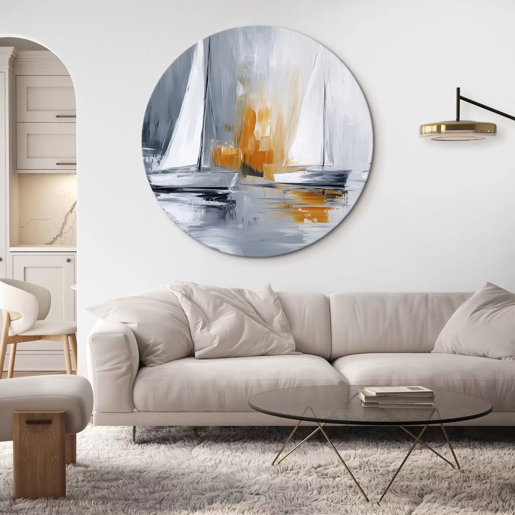 Tableau Voiliers, abstraction, dessin à l'acrylique, gris et orange r43499