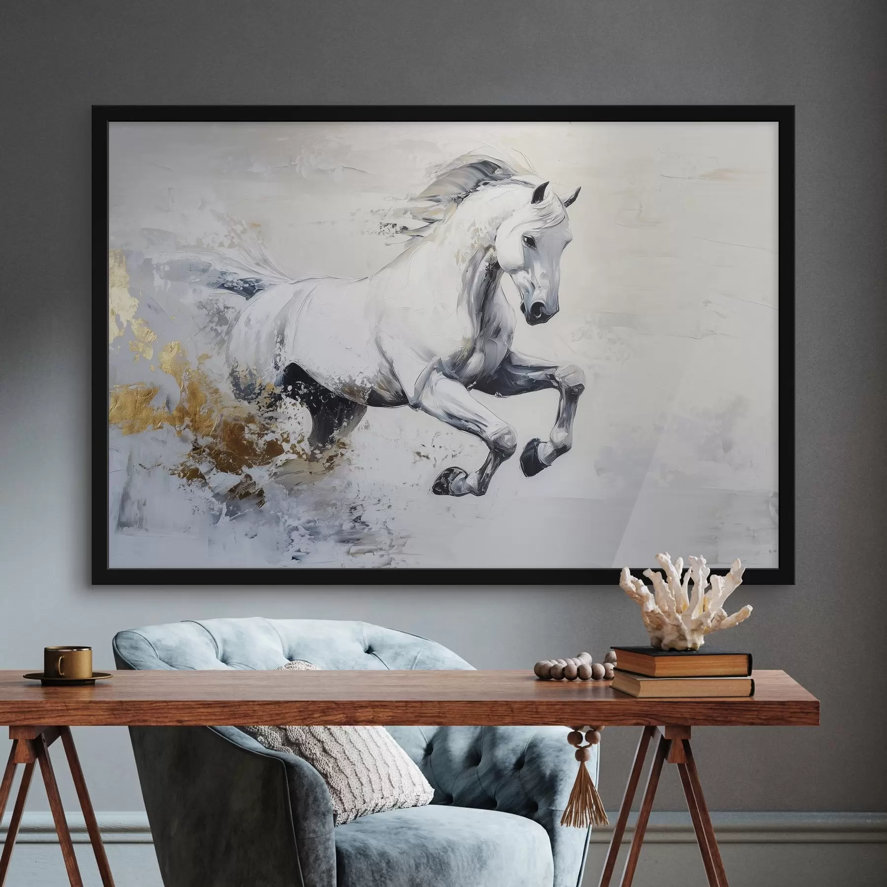 Tableau Cheval blanc courant, dessin à l'huile, animaux f43498