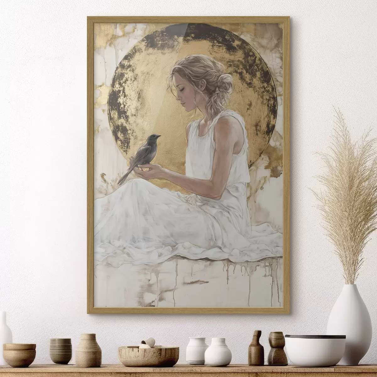 Poster Belle femme avec oiseau, Grèce, dessin acrylique f43503
