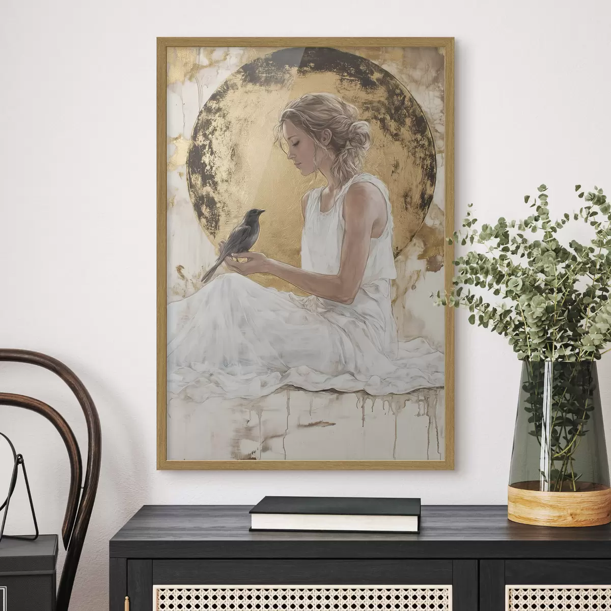 Poster Belle femme avec oiseau, Grèce, dessin acrylique f43503