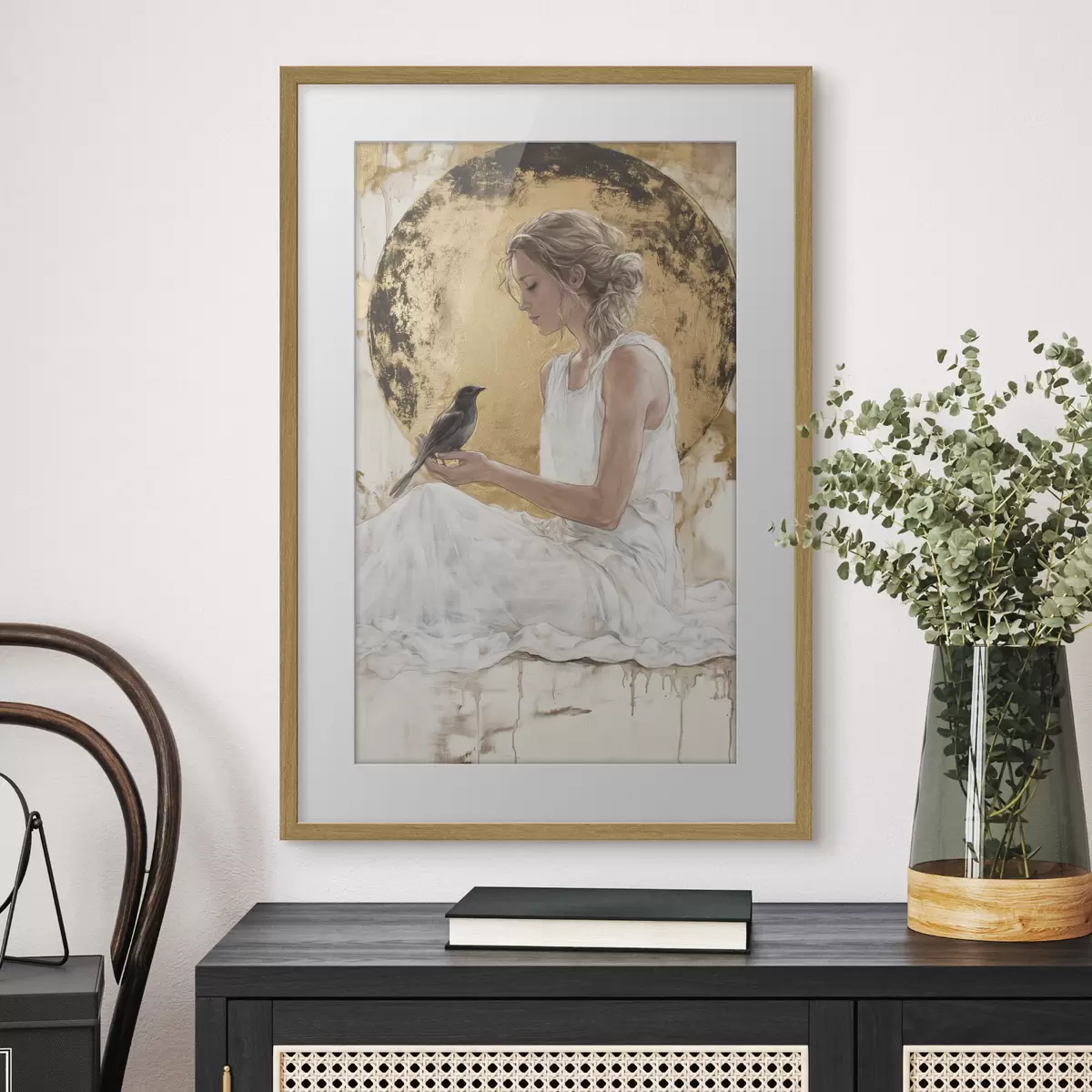 Poster Belle femme avec oiseau, Grèce, dessin acrylique f43503
