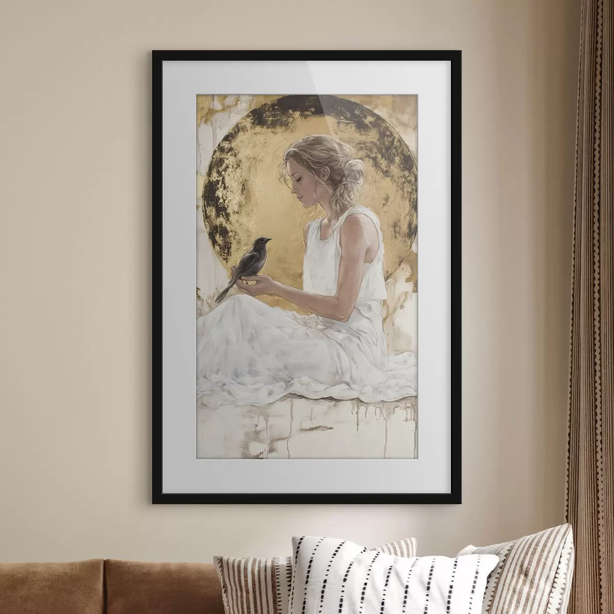 Poster Belle femme avec oiseau, Grèce, dessin acrylique f43503