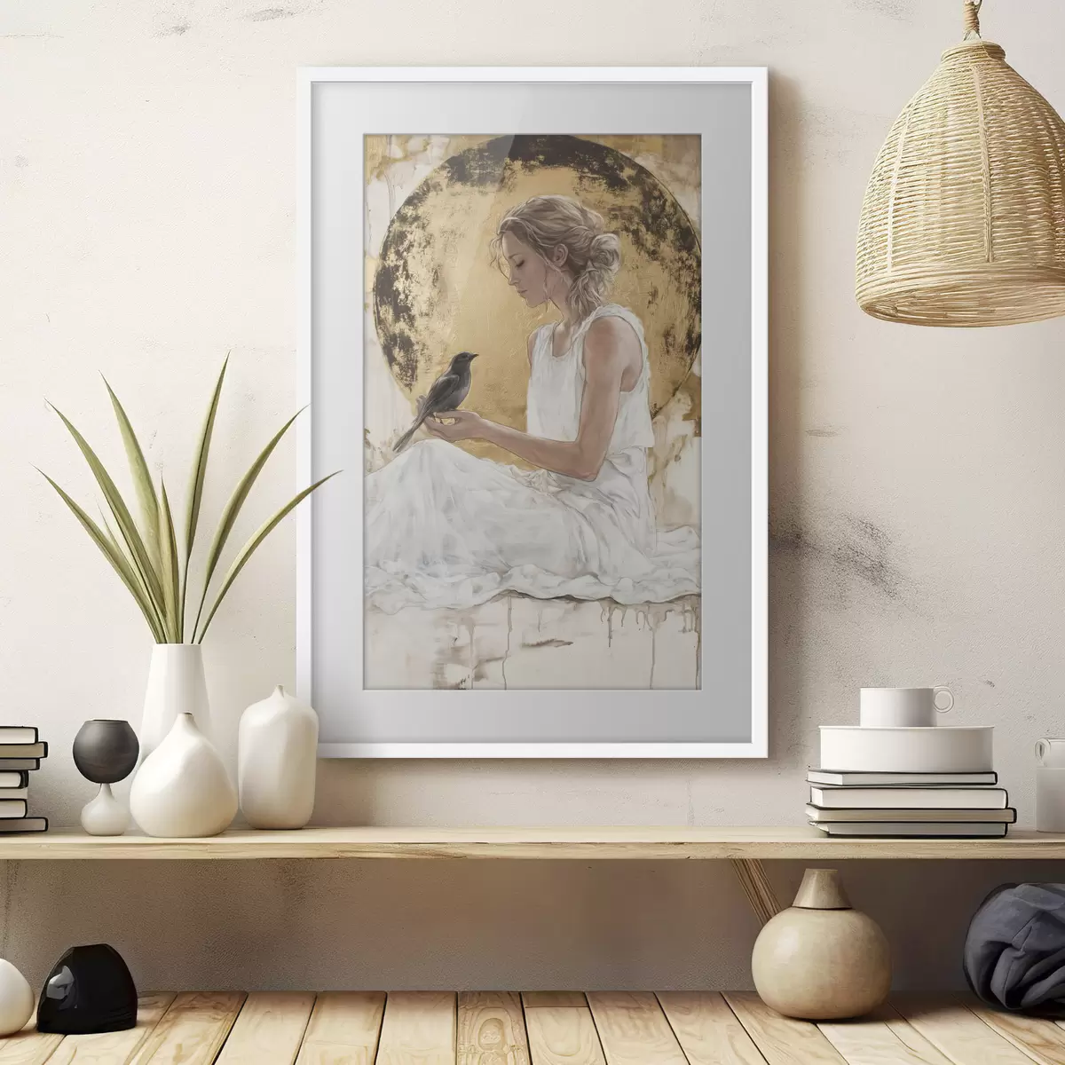Poster Belle femme avec oiseau, Grèce, dessin acrylique f43503