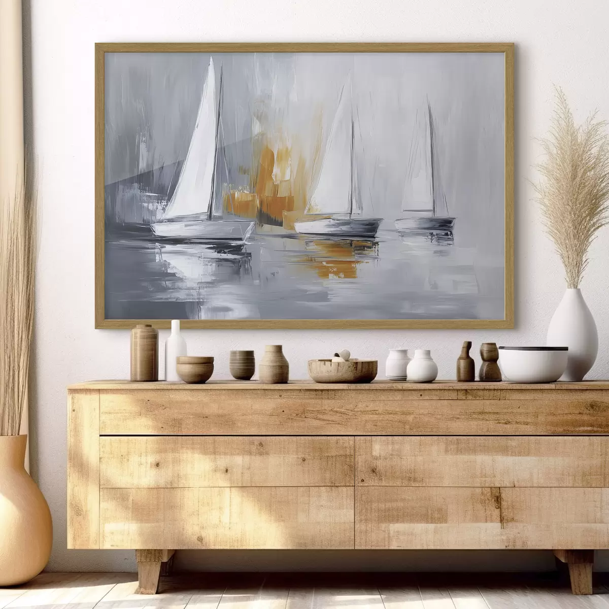 Poster Voiliers, abstraction, dessin à l'acrylique, gris et orange f43499