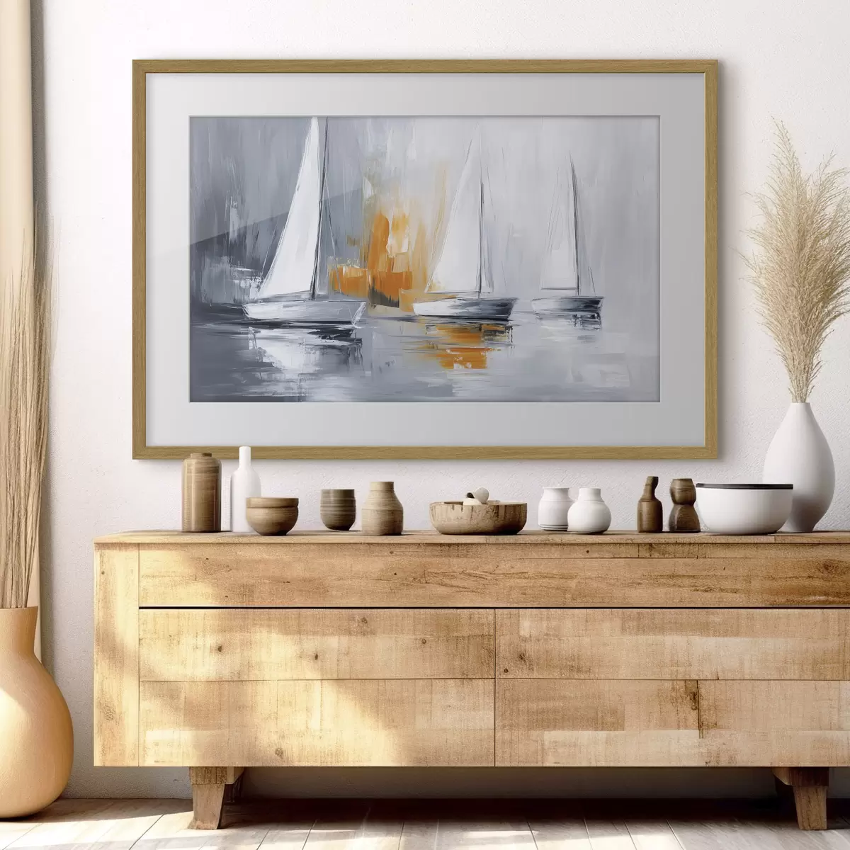 Poster Voiliers, abstraction, dessin à l'acrylique, gris et orange f43499