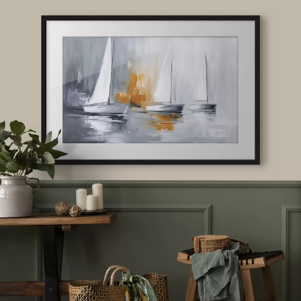 Poster Voiliers, abstraction, dessin à l'acrylique, gris et orange f43499