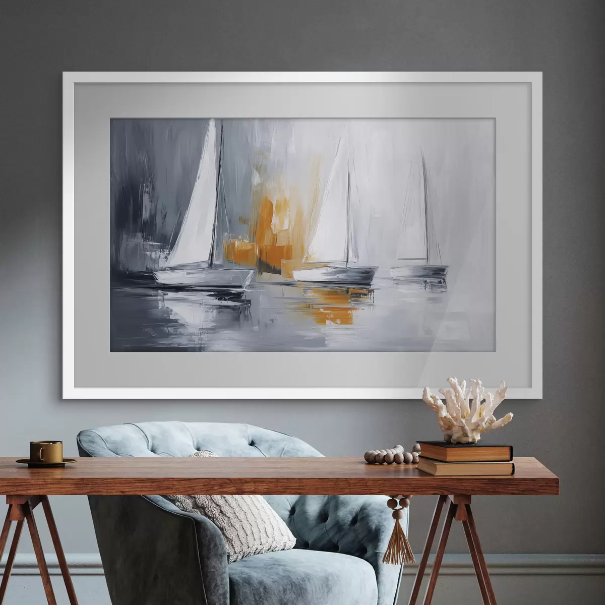 Poster Voiliers, abstraction, dessin à l'acrylique, gris et orange f43499