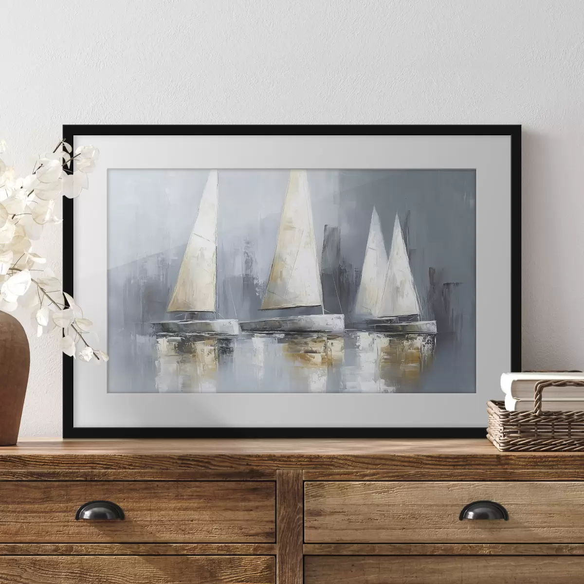 Poster Voiliers avec reflets dans l'eau, dessin à l'huile, couleurs grises f43506