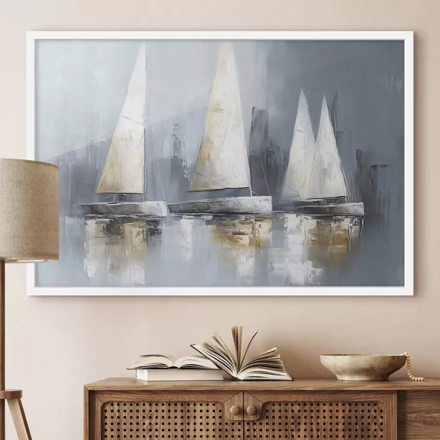 Papier peint Voiliers avec reflets dans l'eau, dessin à l'huile, couleurs grises f43506