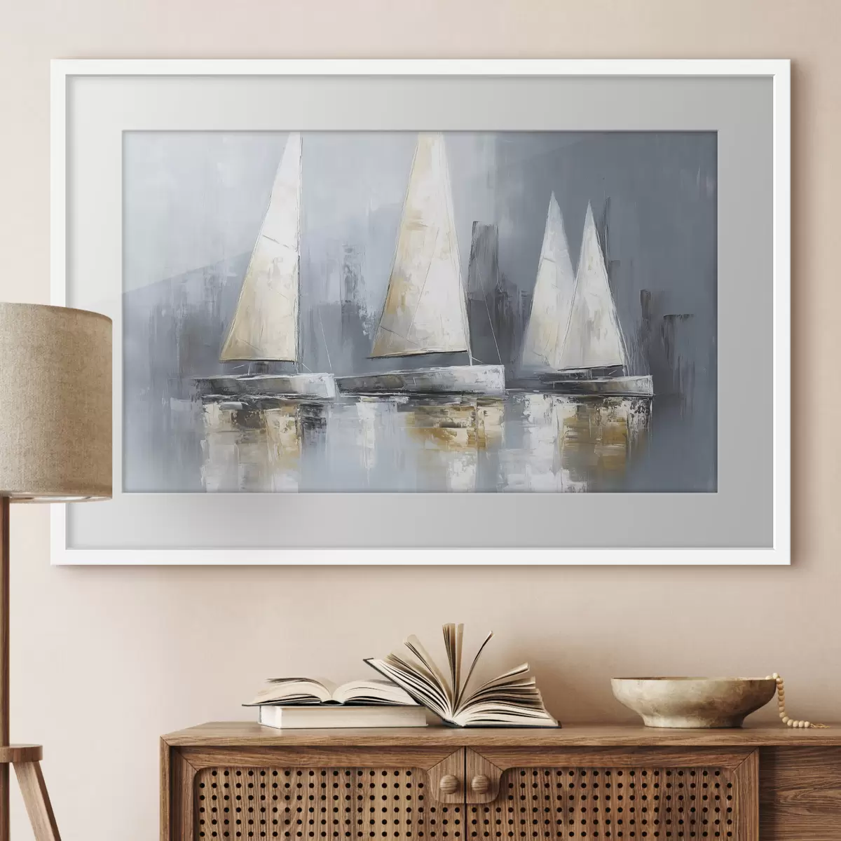 Poster Voiliers avec reflets dans l'eau, dessin à l'huile, couleurs grises f43506