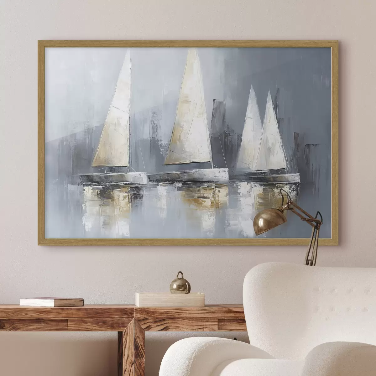 Poster Voiliers avec reflets dans l'eau, dessin à l'huile, couleurs grises f43506
