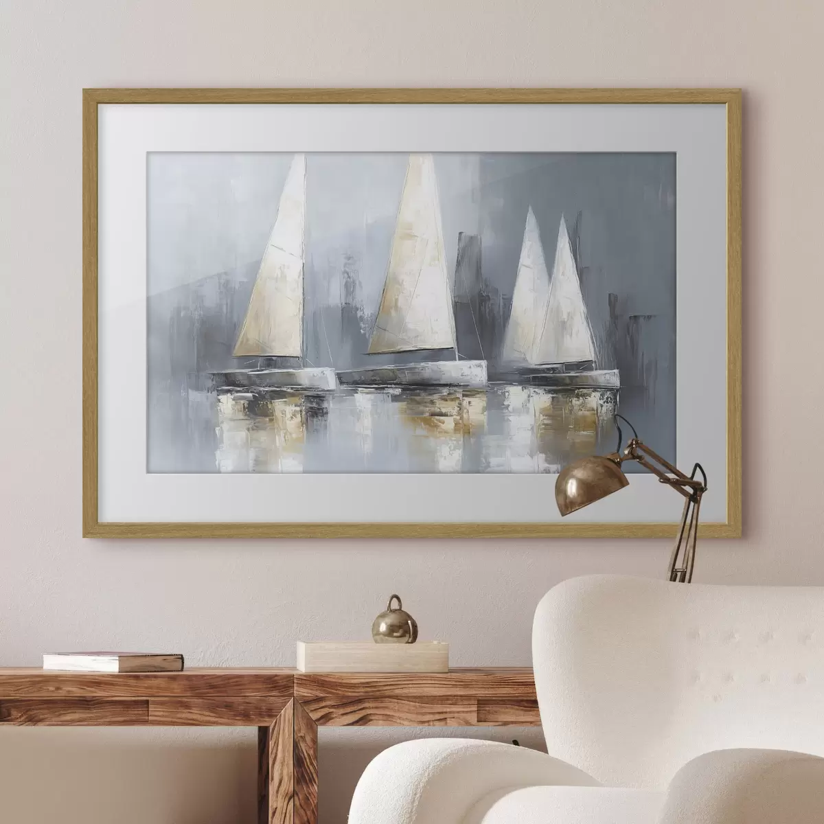 Poster Voiliers avec reflets dans l'eau, dessin à l'huile, couleurs grises f43506