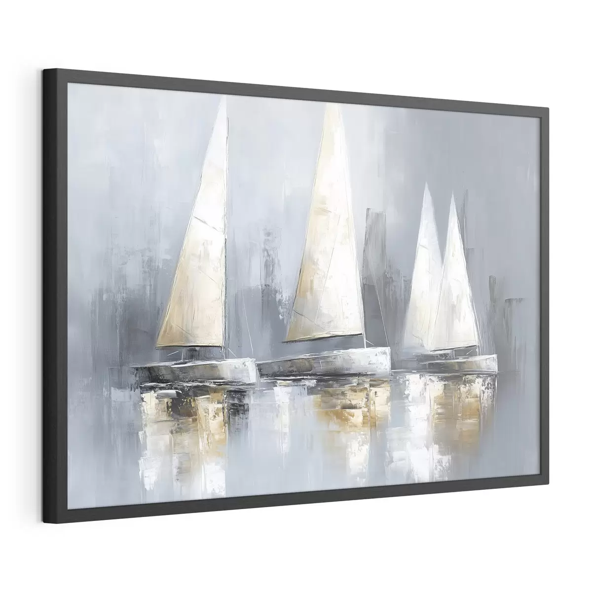 Poster Voiliers avec reflets dans l'eau, dessin à l'huile, couleurs grises f43506