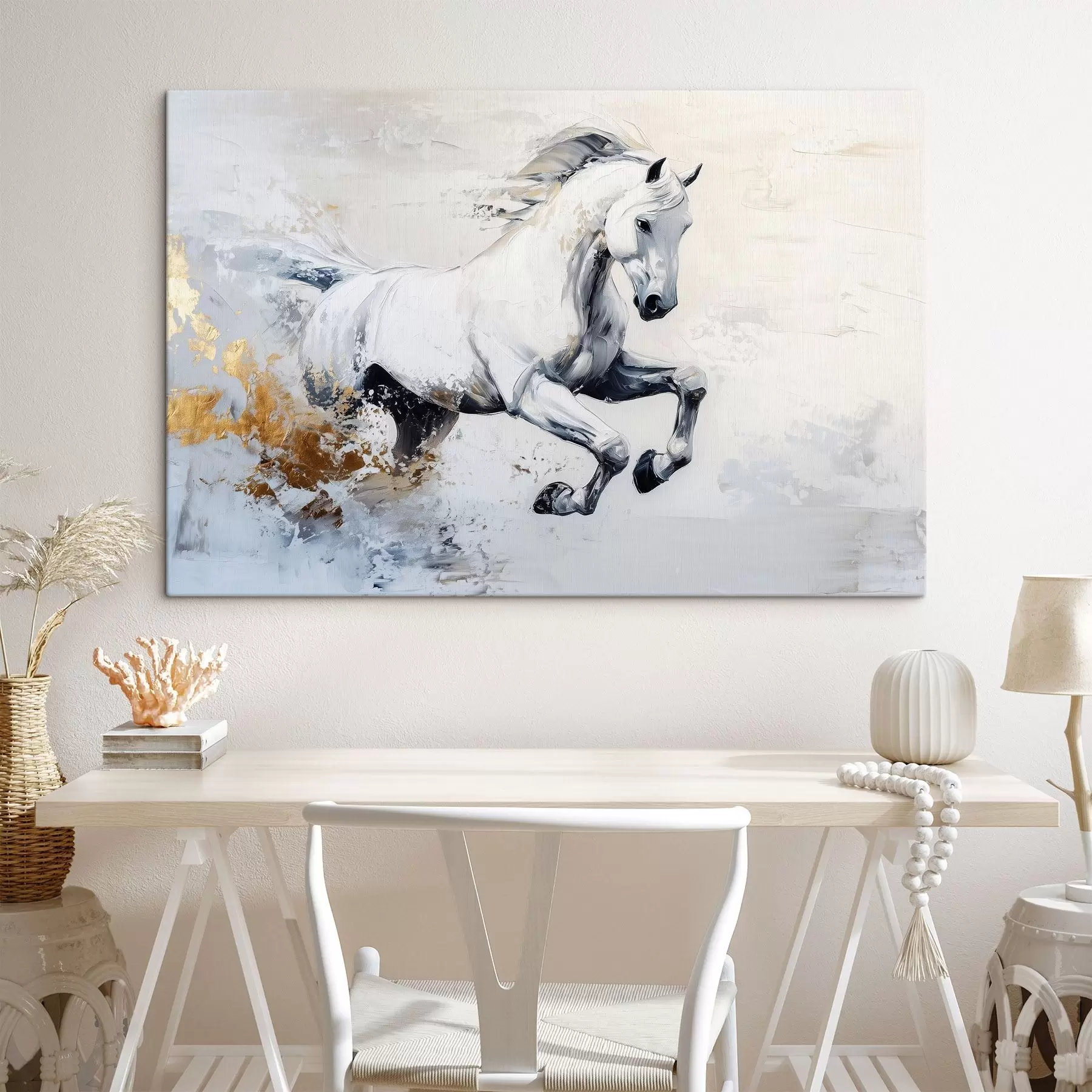 Tableau Cheval blanc courant, dessin à l'huile, animaux s43498