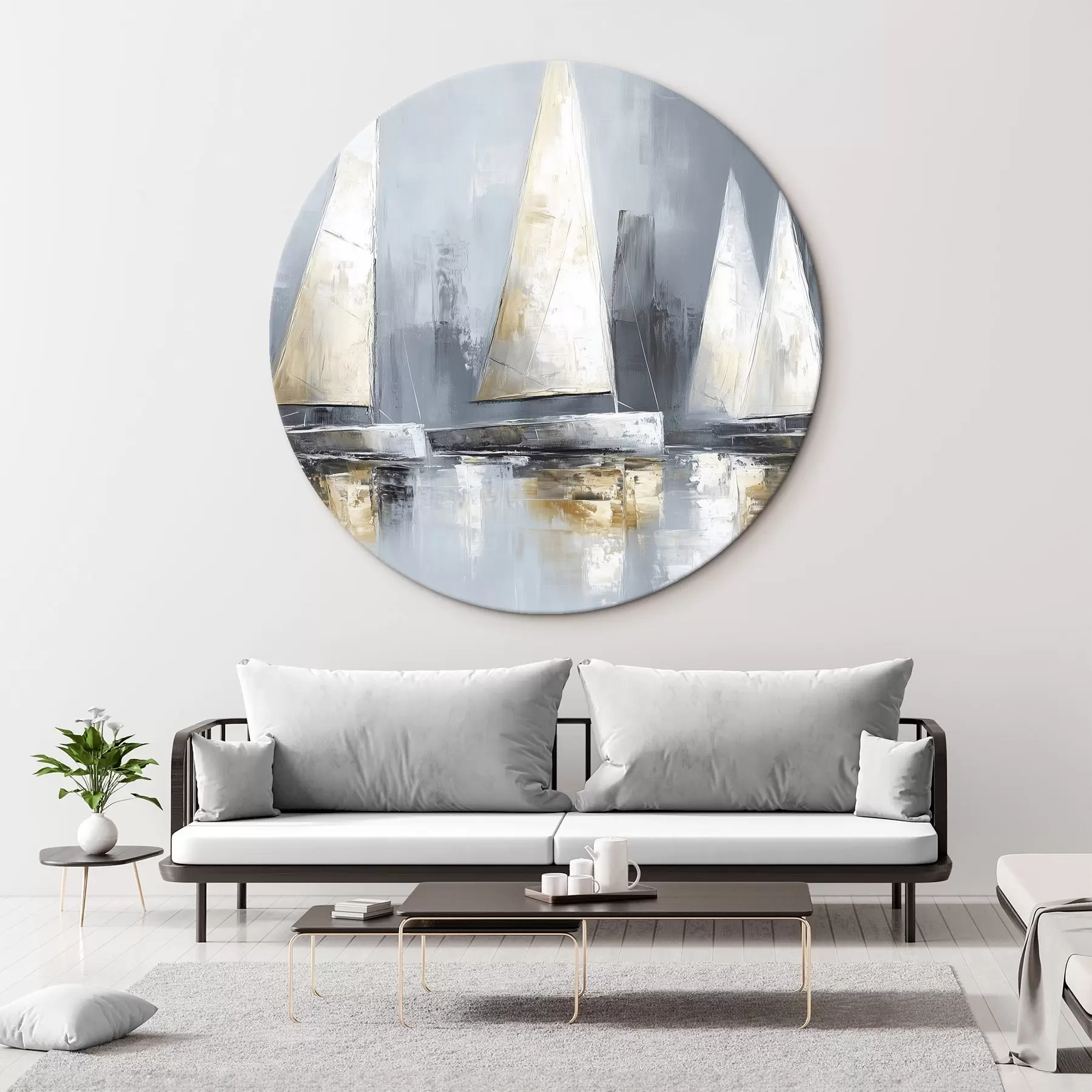Tableau Voiliers avec reflets dans l'eau, dessin à l'huile, couleurs grises r43506