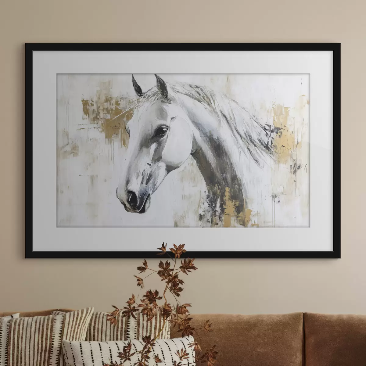Poster Cheval blanc, dessin à l'huile, animaux, coups de pinceau vifs f43497