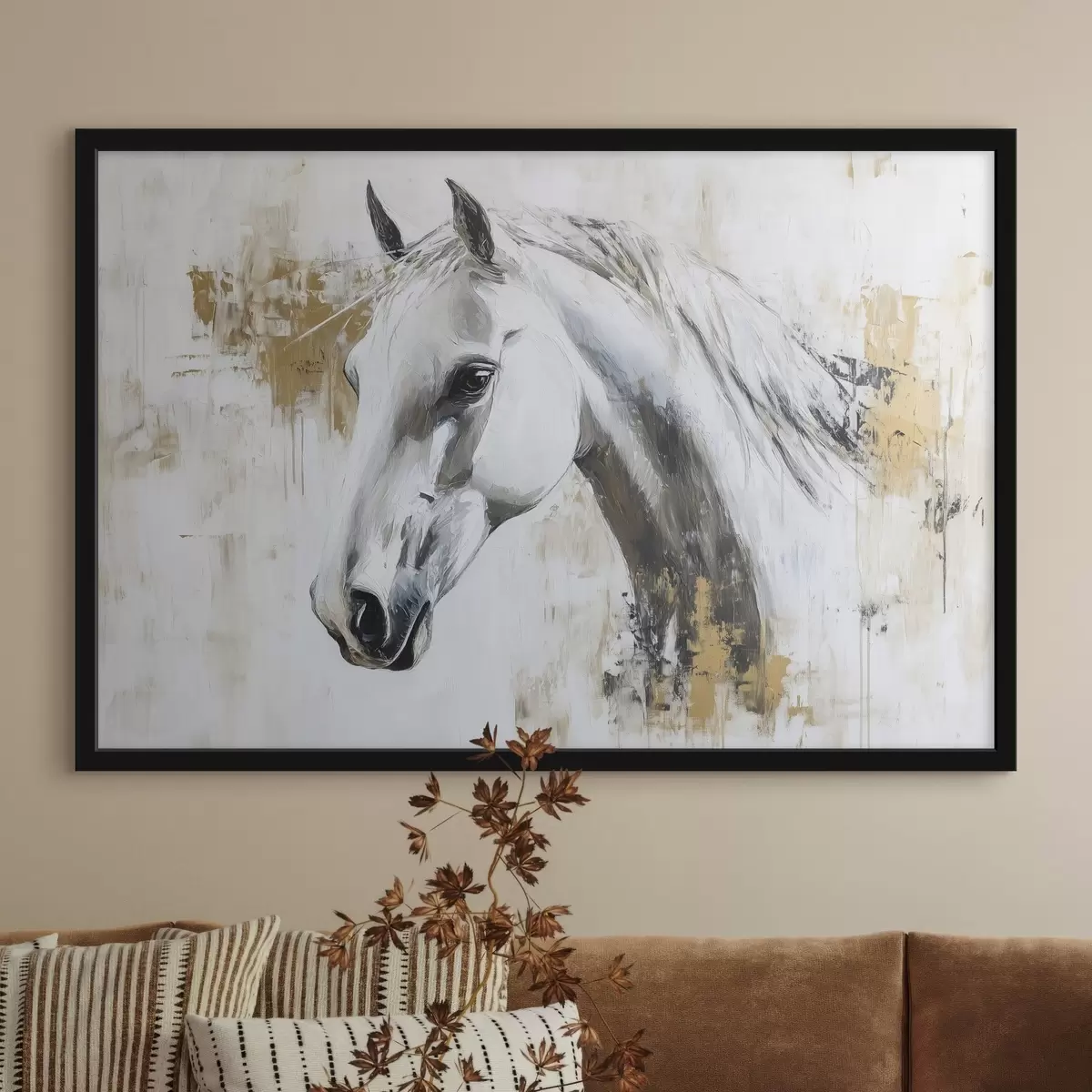 Poster Cheval blanc, dessin à l'huile, animaux, coups de pinceau vifs f43497