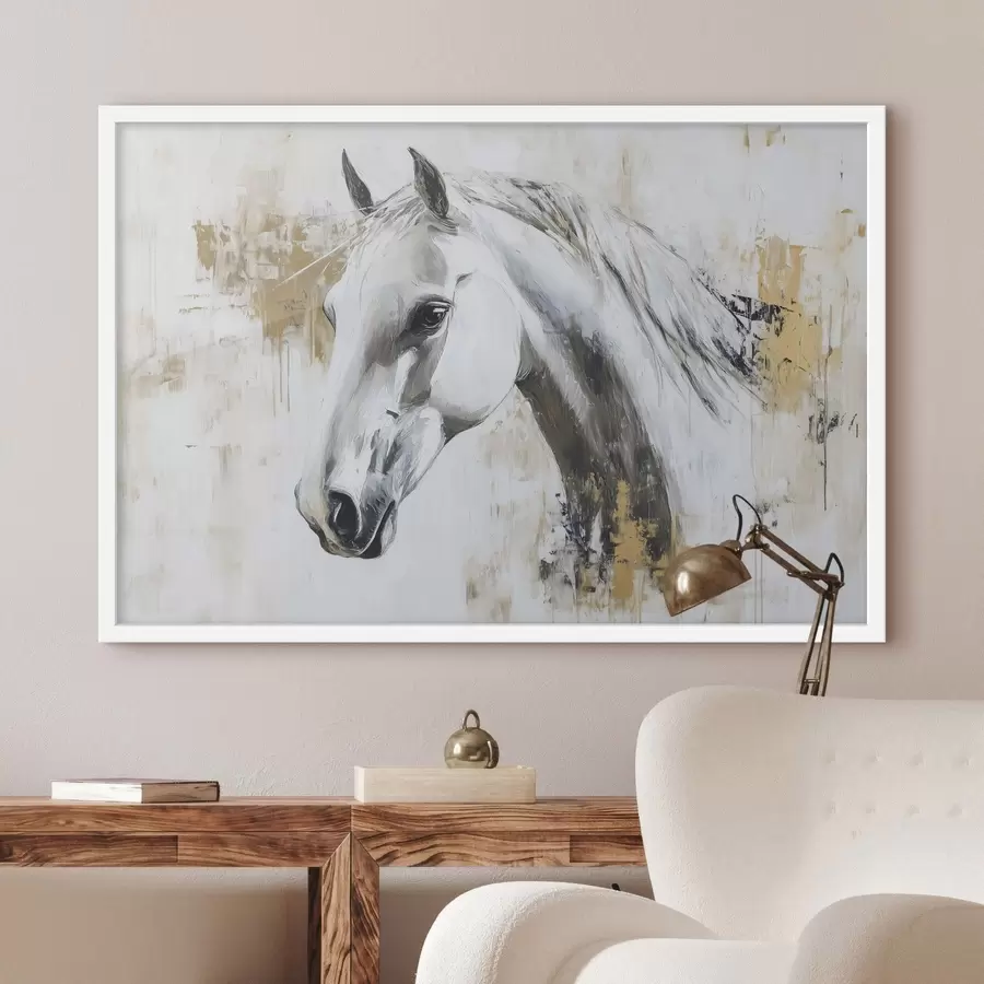 Papier peint Cheval blanc, dessin à l'huile, animaux, coups de pinceau vifs f43497