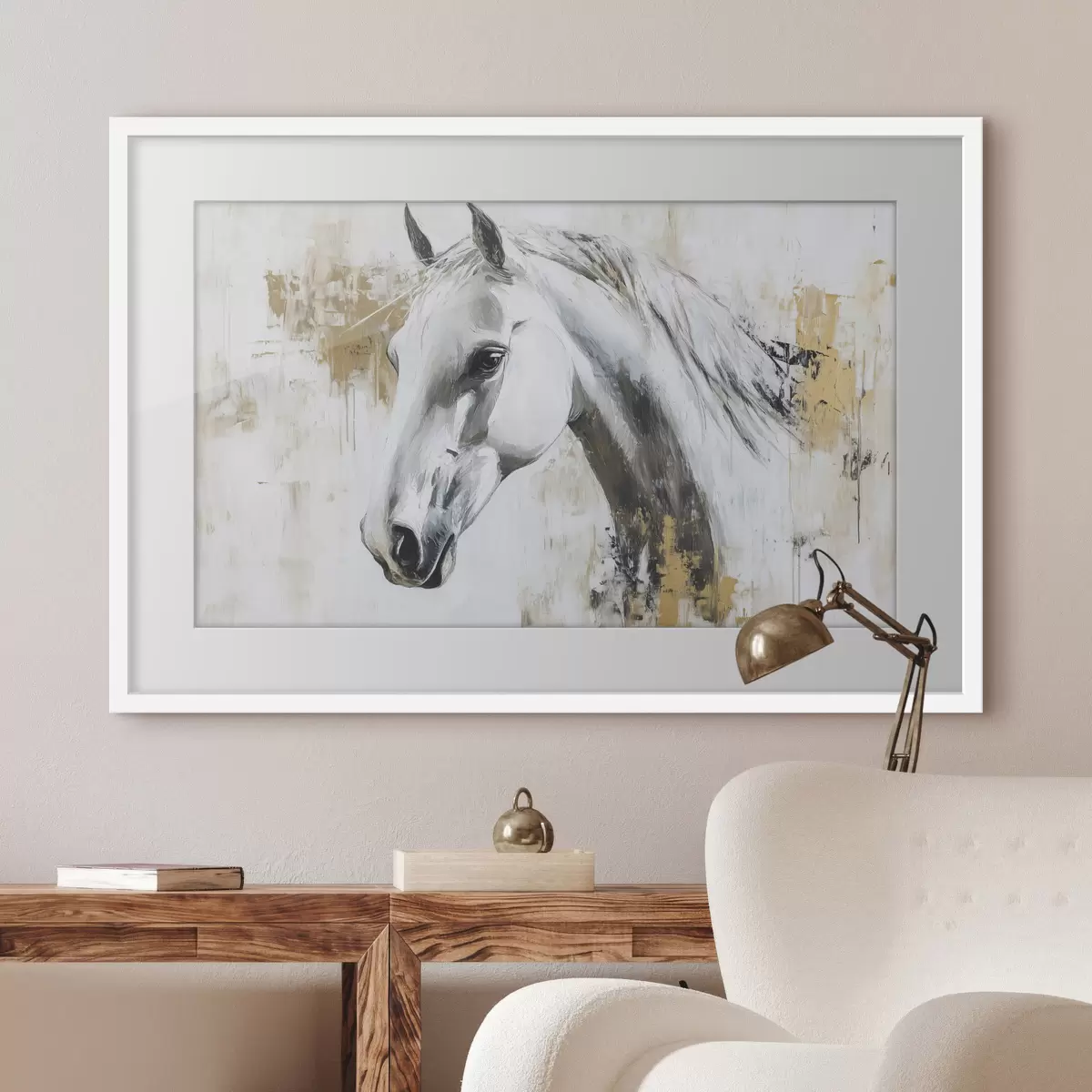 Poster Cheval blanc, dessin à l'huile, animaux, coups de pinceau vifs f43497