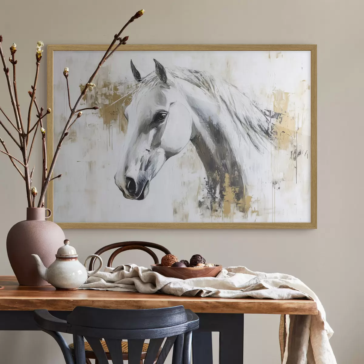 Poster Cheval blanc, dessin à l'huile, animaux, coups de pinceau vifs f43497