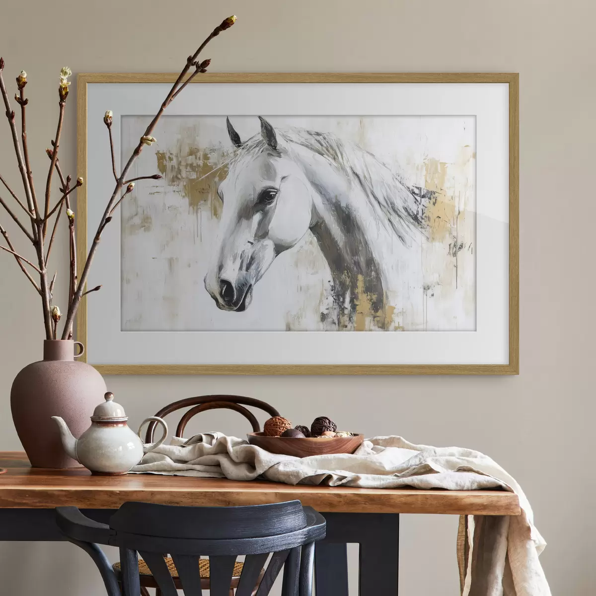 Poster Cheval blanc, dessin à l'huile, animaux, coups de pinceau vifs f43497