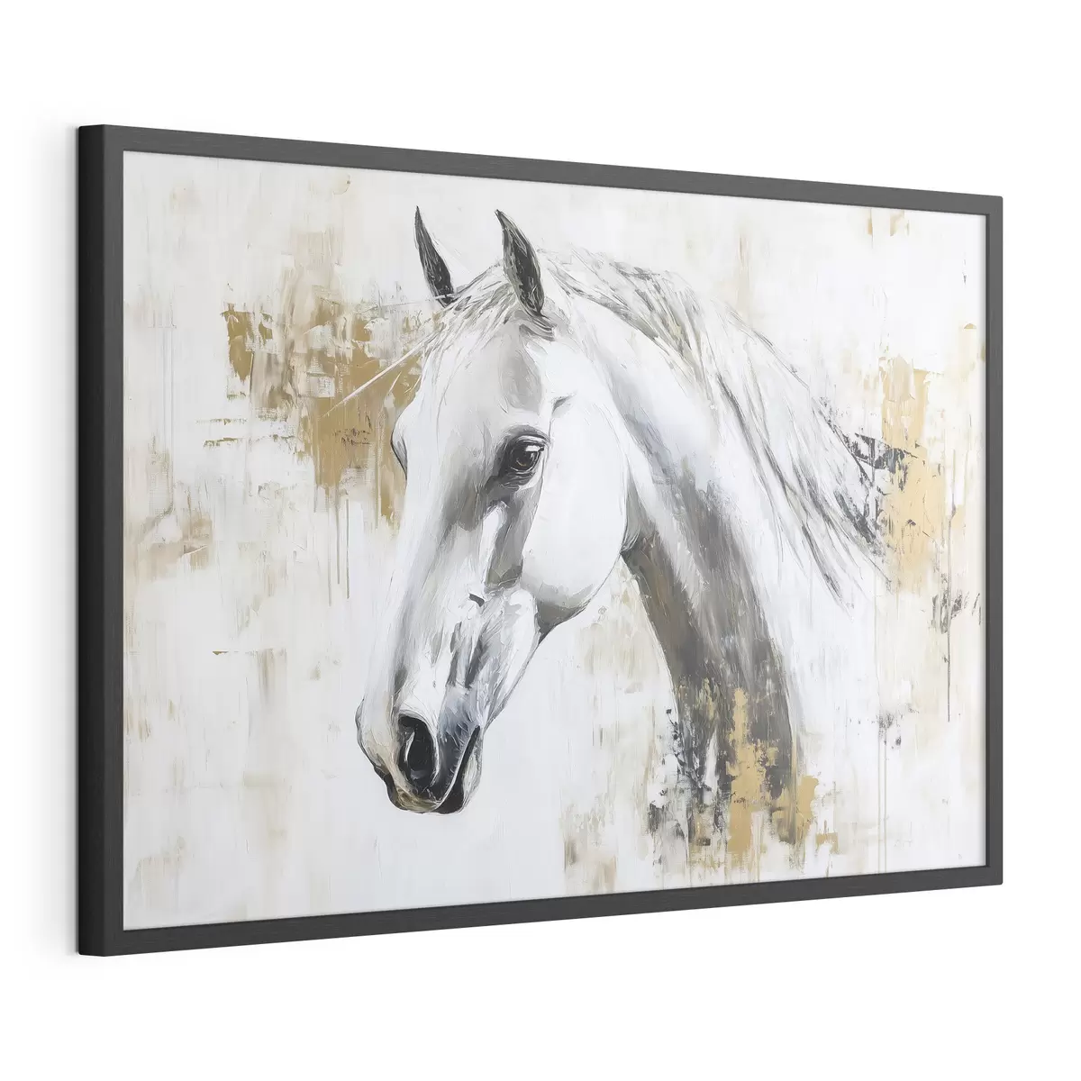 Poster Cheval blanc, dessin à l'huile, animaux, coups de pinceau vifs f43497