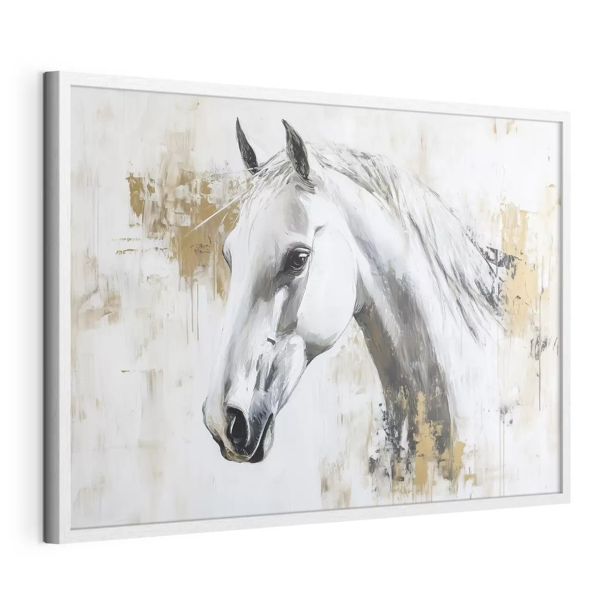 Poster Cheval blanc, dessin à l'huile, animaux, coups de pinceau vifs f43497