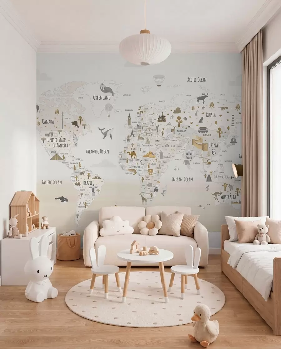 Papier peint Carte du monde avec animaux et points de repère w03410v1