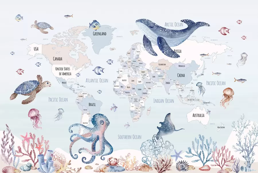 Papier peint Monde sous-marin avec carte du monde w03526
