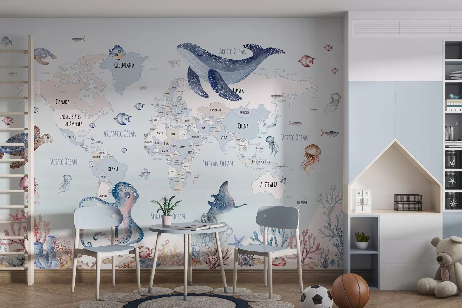 Papier peint Monde sous-marin avec carte du monde w03526