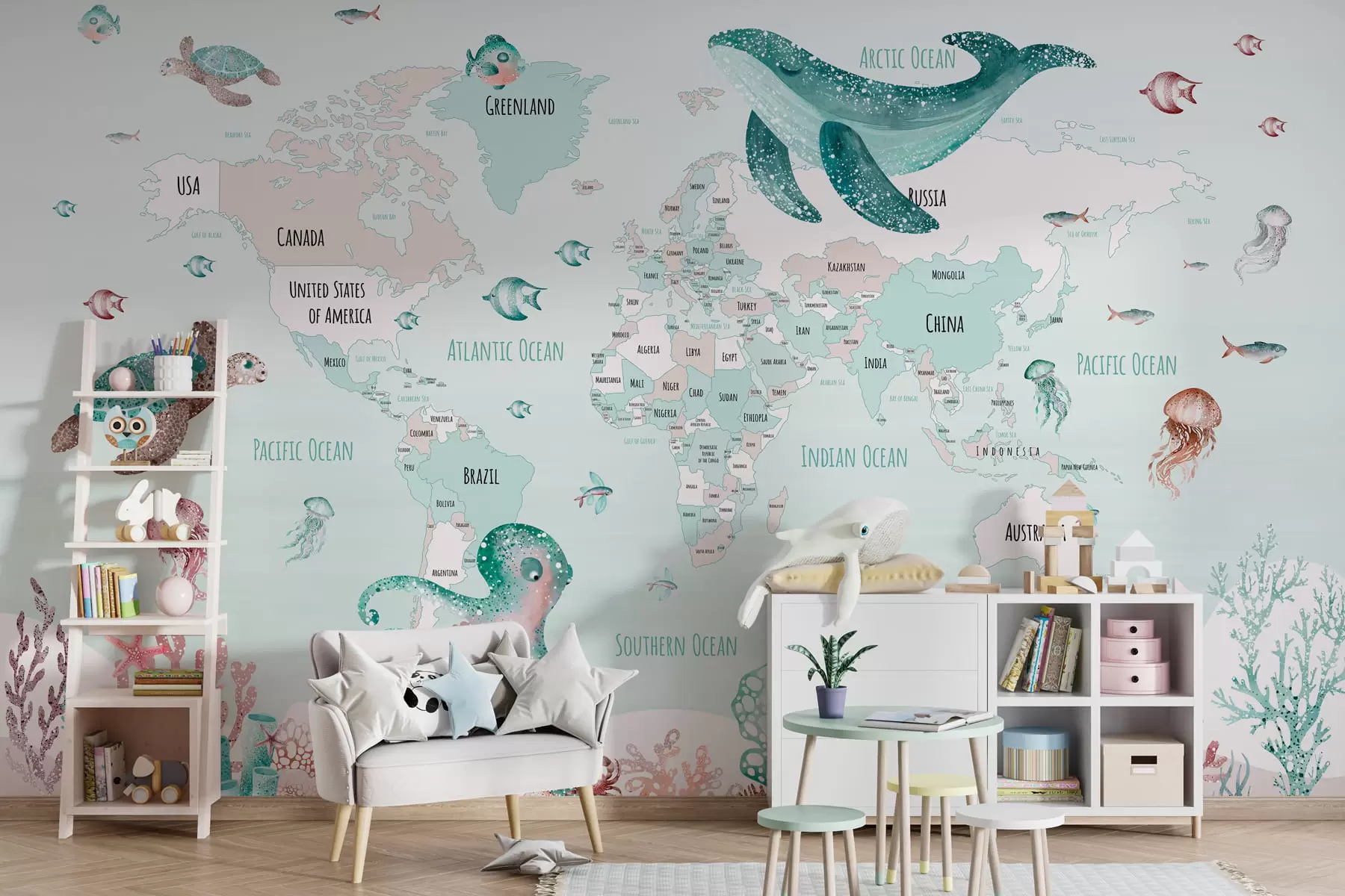 Papier peint Monde sous-marin avec carte du monde w03526v2