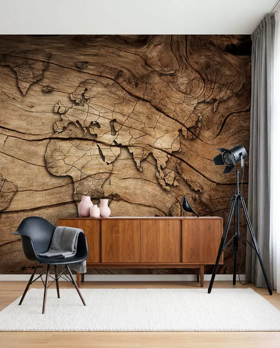 Papier peint Carte du monde en veinage bois u53146