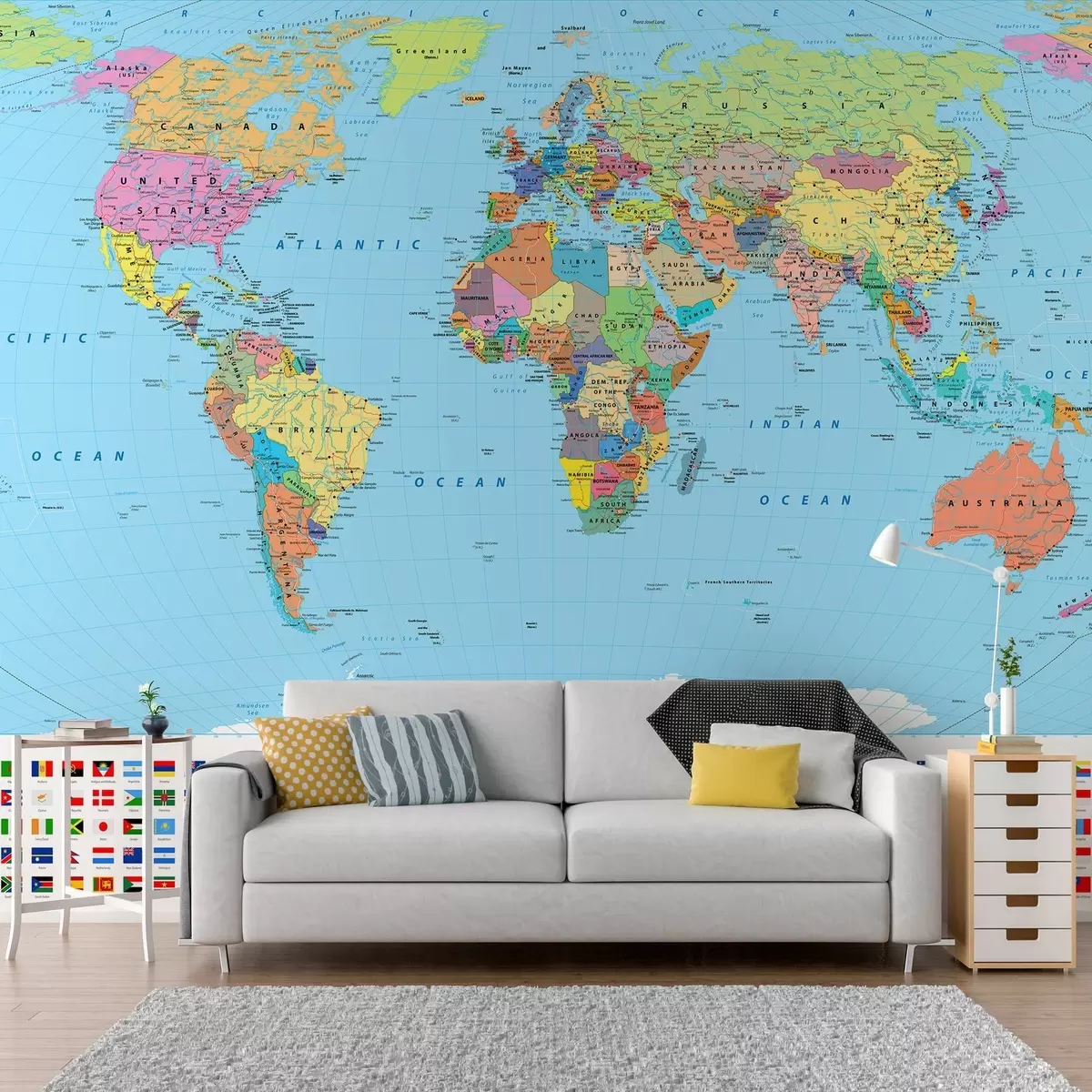 Papier peint Carte du monde avec des drapeaux de pays u60137