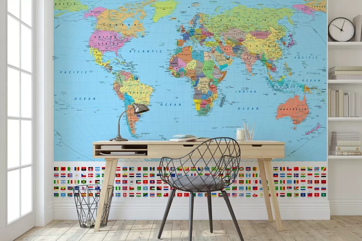Papier peint Carte du monde avec des drapeaux de pays u60137