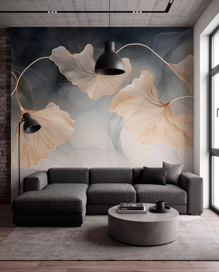 Papier peint Ginkgo anthracite et or w03511