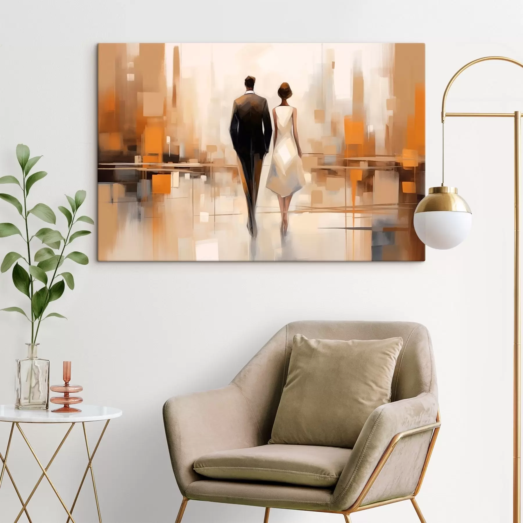 Tableau Abstraction avec des silhouettes de villes et deux personnages s43516