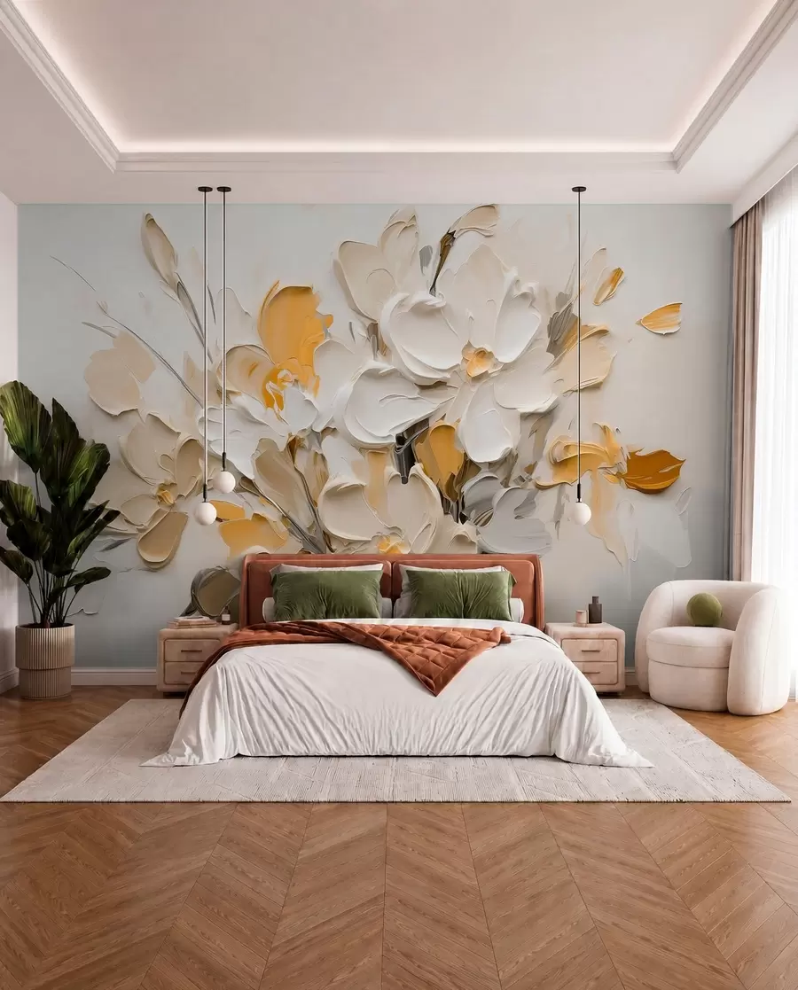 Papier peint Fleurs abstraites volumétriques dans le style de la peinture à l'huile w03582v2