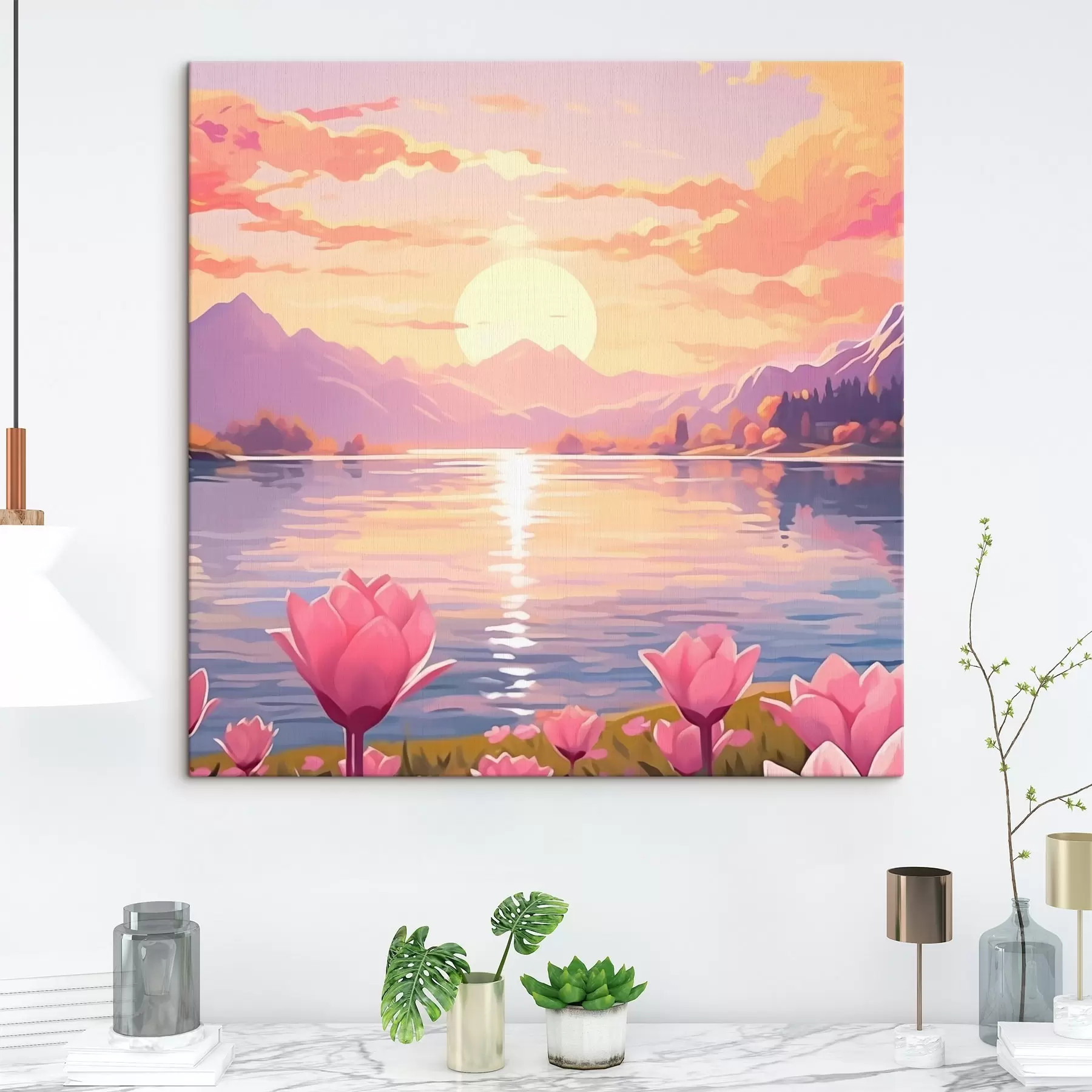 Tableau Paysage avec étang sur fond de montagnes s43523